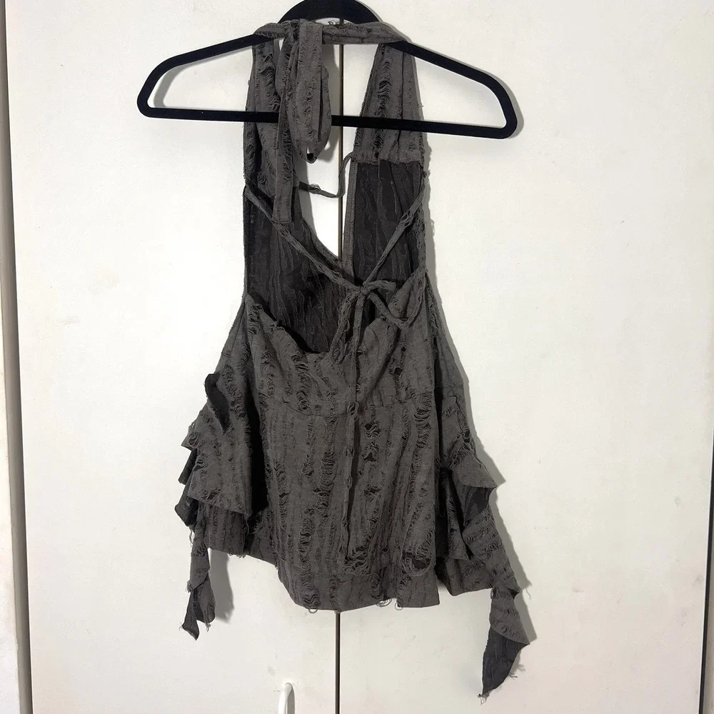 Edikted Halter Top Womens XS Grey Distressed Tiered Shredded Ruffle Grunge Y2K - Picture 2 of 8